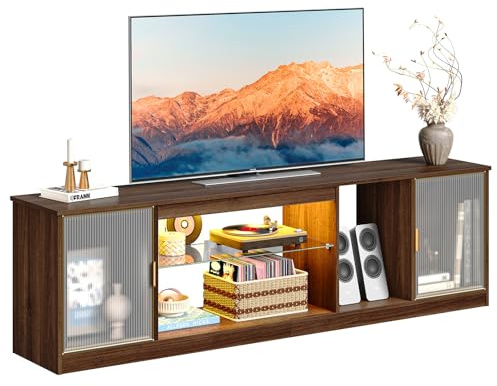 Bestier Moderner TV-Schrank für 75/80-Zoll-Fernseher, LED-Entertainment-Center mit Acryltüren und verstellbarem Glasboden, 70-Zoll-Medienkonsole für PS5, fürs Wohnzimmer, Ancona Walnuss