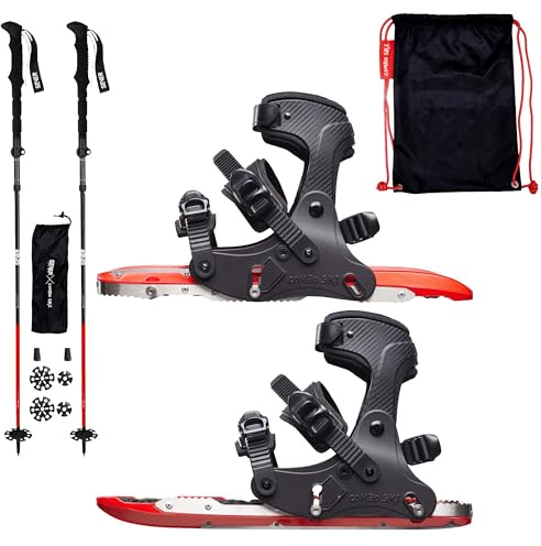 COMBO SKI Set 2in1 Lightweight Schneeschuhe mit Nordic Faltbare Wanderstöcke und Rucksack, Miniski Angemessen für Skifahren Trekking Klettern zum Winter auf EIS und Schnee Trekkingstöcke (Power Red)