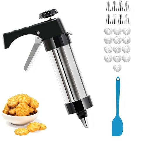 Gebäckpresse für Spritzgebäck Presse – Gadgets zum Keksbacken, Spritzgebäck Maschine mit 13 Keksformen & 8 Spritztüllen, Garnierspritze Edelstahl Gebäckpresse für DIY Cookies, Kuchen Dessertdekoration