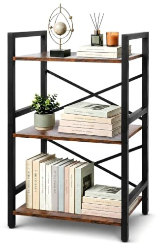 BILIONE 3-stöckiges schmales Bücherregal, Standregal 28 x 42 x 70 cm | Stabiles Holz & Metall mit X-Stabilisierung, rutschfeste Füße, platzsparend, einfache Montage für Küche, Schlafzimmer & Büro