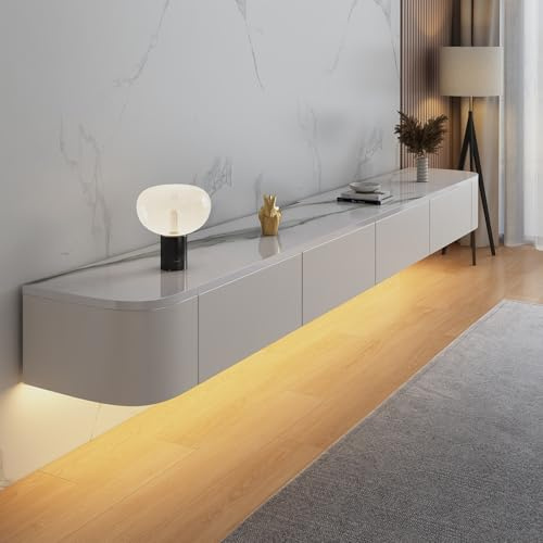 Aipunlus Wall Mounted TV Unit, Floating TV Stand Cabinet, Texture Floating TV Cabinet with Doors in Media Wall Unit, Entertainment Storage TV Console for Living Room and Office (Texture-LED, 240cm)