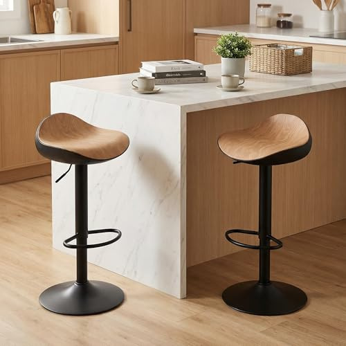 Kidol & Shellder Barhocker 2er Set, Höhenverstellbar ohne Lehne, mit Holzmaserung PU Leder, 5min Montage, Leicht zu reinigen, Tragfähigkeit 136kg für Küche