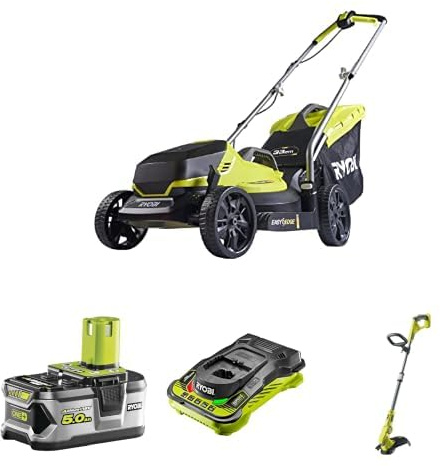Ryobi 18V ONE+ OLM1833B 33cm Cordless Lawn Mower + OLT1832 Line Trimmer + 5ah Battery & Charger