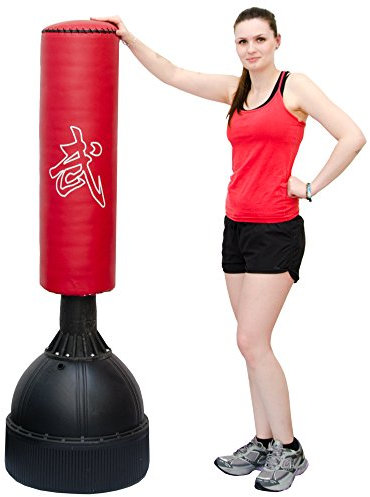 EYEPOWER Sac de Frappe sur Pied autoportant | 160 cm de Haut | Sac Lourd de Boxe Arts Martiaux Kick Boxing Combat entraînement pour Adultes avec Support de Sol | Rouge Noir