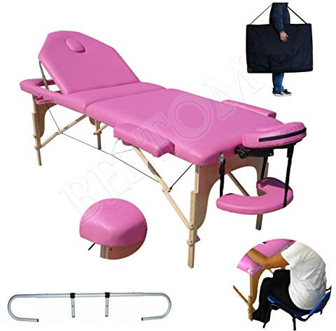 BELTOM® Table de Massage 3 Zones Rose + Porte Rouleau Cosmetique lit esthetique Pliante