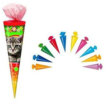 Schultüte / Zuckertüte / Länge: 35cm / rund / Tüllverschluss / Katze + 10 Deko Schultüten 12cm