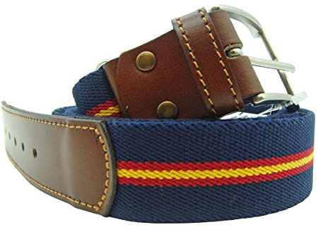 Pi2010 Cinturón de lona marino con la bandera de España y terminaciones en piel. Ajustable. Fabricado en España. Talla única única.