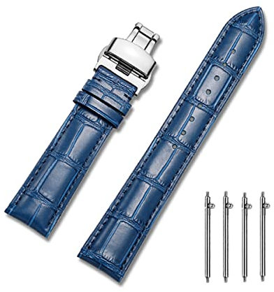 MUENShop Cinturini di Ricambio Vera Pelle Cinturino Barre Rapido Rilascio Fibbia Pieghevole Nero/Marrone/Blu 18mm 20mm 22mm 24mm per Uomo/Donna (Blu, 18mm)