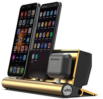 udoq 250 Ladestation für iPhone und AirPods, hochwertiges Design 4mm Aluminium, Lightning Kabel, Gold
