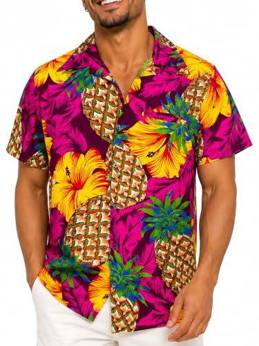 King Kameha Funky Hawaii-Hemd, Herren, Kurzarm, Pineapple-Hibiscus, Magenta-Pink, XL