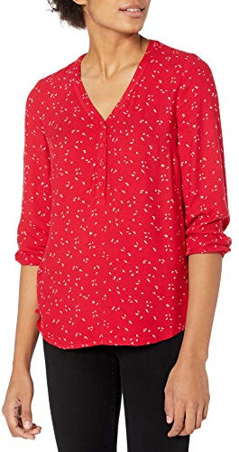 Amazon Essentials Chemise boutonnée à Manches 3/4 pour Femme, Motif Floral à Feuilles Rouges, Taille XS