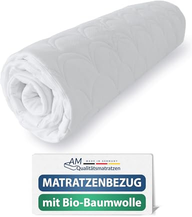 AM Qualitätsmatratzen Bio Baumwoll Matratzenbezug 90x200 für 20 cm Kernhöhe - Made in Germany & Oeko-TEX Siegel - Allergiker Matratzenbezug 90x200 mit 4 seitigem Reißverschluss - 60 Grad waschbar