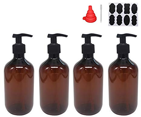 ZMYBCPACK Paquete de 4 botellas de loción vacías de plástico con 1 bolígrafo, etiquetas y embudo de silicona, dispensador de loción de color ámbar con bomba de bloqueo para lavado corporal, champú,