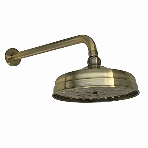 ENKI, RA042, 200mm Traditional Wall Mounted Fixed Large Shower Head Antique Brass, Solid Brass, 320mm Shower Arm, Round Rose, Mixer Rainfall Shower, Modern Design, Easy Clean & Easy to Install
