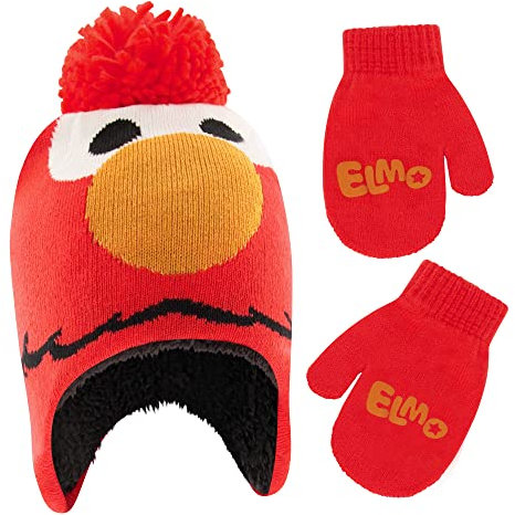 Sesame Street Boys' Winter Hat, Elmo Toddler Beanie and Mittens, Red/Orange, Kids Age 2-4