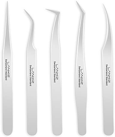 Lankiz Lot de 5 pinces à épiler pour extensions de cils en acier inoxydable