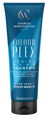 Charles Worthington ColourPlex Toning Blue Shampoo, Brünette Shampoo to Tone and Deepen, Blaues Shampoo für braunes Haar, Brauner Toner für Damen und Herren, Salon Shampoo für Brünette, 250 ml