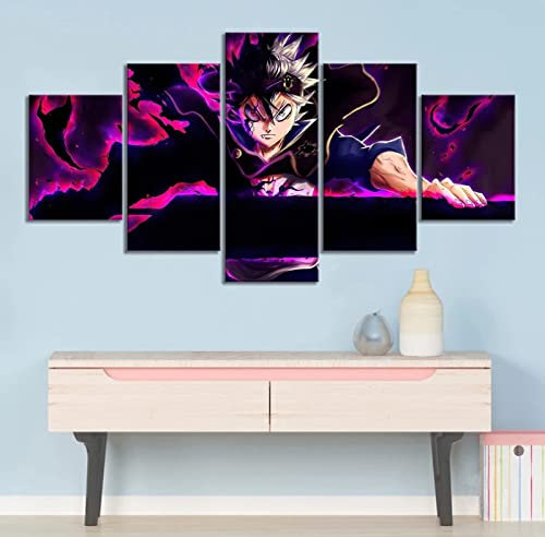 Wondbeau Leinwanddrucke Modulare Wandkunst Wandaufkleber 5 Teiliges Wandbild Druck auf Leinwand Malerei Moderne Abstrakte Poster Mit Rahmen XL/200cm×100cm Black Clover Anime,Animationsjunge Asta
