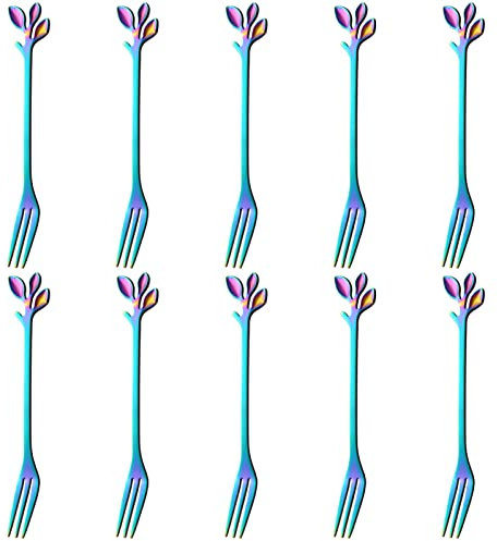 AnSaw 10-Piece Rainbow Mini Leaf Dessert Forks Set - 4.7 Elegant Stainless Steel Fruit, Appetizer, Cake & Salad Forks - Perfect for Cocktail Parties & Home Use