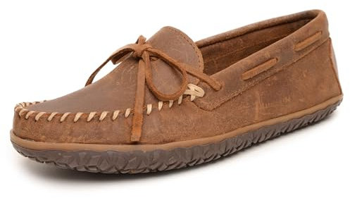 Minnetonka Men's Tie Tread - Suede Mocassins for Men - Water-Resistant Indoor Outdoor Slippers with MinnTREAD Rubber Sole, 12 M Brown