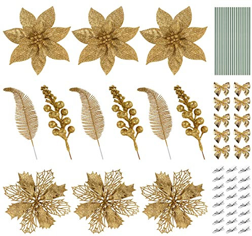 ilauke Weihnachtsdekoration Blumen,30 Stück Glitzer Künstlich Weihnachtsblumen Weihnachtsbaumschmuck mit Beerenstiel Clip Laub für Weihnachtskranz Weihnachtsbaum Christbaumanhänger Ornamente,Gold