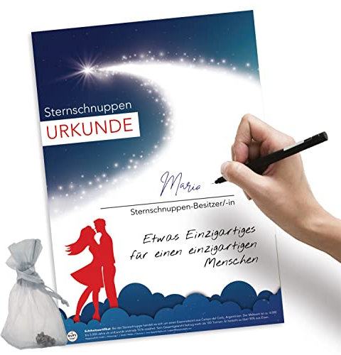 happylandgifts® Echte Sternschnuppe als Romantisches Geschenk | Echter Meteorit | Hochwertige Urkunde mit Wunschname zum selber eintragen | Liebe | Basic