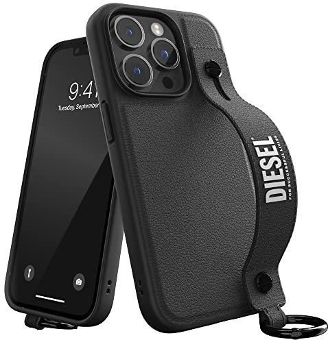 Diesel Hülle Entworfen für iPhone 14 Pro mit Griff | 6,1 Zoll schwarzes und weißes Lederdesign mit Halter | Stoßfester Fallschutz | Kompatibel mit kabellosem Laden | Erhöhten Kanten
