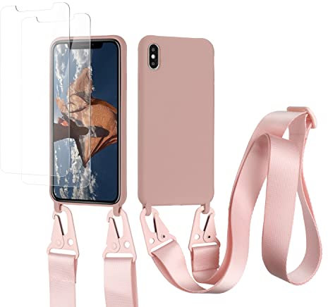 vrupin kompatibel mit iPhone X/XS Handykette Hülle,[2 Stück Schutzfolie 9H Härte Gehärtete Folie].Necklace Hülle Nylon Schultergurt Weich Flüssiges Silikon-Lotus Farbe