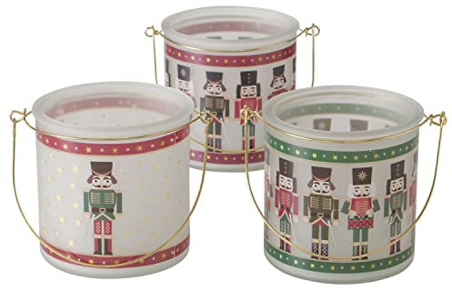 MamboCat 3tlg Set Windlicht Andrew I rund I Ø 9,5cm, H 10cm I Nussknacker-Dekor mit rotem & grünem Rand I Teelichthalter aus Glas I Tisch-Deko, Teelichtgläser I Kerzenhalter für Wohnzimmer, Küche & Co