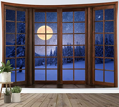 LB Wandteppich Schneewald Wandtuch Mond am Blauen Sternenhimmel Wandbehang Winterlandschaft vor dem Fenster Tapisserie für Wohnzimmer Schlafzimmer Wohnheim Wanddeko,200x150cm