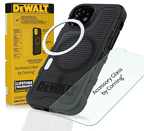 DEWALT Heavy Duty Phone Case/Screen Protector Kit, Magnetic Case for iPhone 13 Pro Max, Tempered Glass Screen Protector Included, MagSafe Compatible, Protective Impact & Scratch Resistant, Black