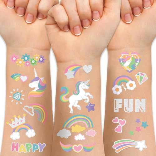 Unicorno Tatuaggi Temporanei per Bambini Arcobaleno Fiore Carino-118 Stili Glitter Corona Metallica Groovy Tatuaggio Corpo Viso Tatuaggi Adesivi Gadget Festa di Compleanno per Bambina Bambine