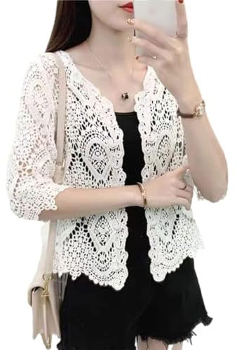 Women Summer Knitted Lace Shrug Boho Hollow Crochet Floral 3/4 Sleeves Open Front Cropped Cardigan Elegant Short Mesh Sweater Cover Up Outwear cotton kimono cardigans batwing sleeve solid colors