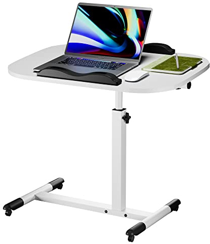 Rcynview Höhenverstellbarer Schreibtisch Weiß, Beistelltisch mit Rollen, Drehbare Klappbarer Tisch klein, computertisch Mobiler, 60×40cm laptoptisch, pc Standing Desk, stehpult für Sofa, Bett, Büro