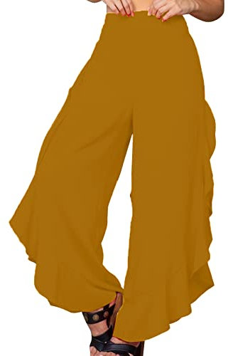 Ladies Comfortable Solid Color High Waisted Wide Leg Pants Ruffle Trim Athletic Pants Long Womens Casual Pants Gold
