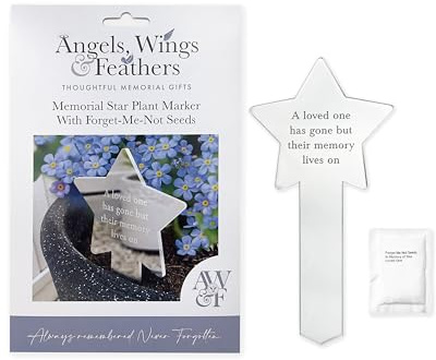 Memorial Star Plant Marker with Forget Me Not Seeds – Flower Seeds for Memorial Gift & Tribute – Sympathy Gift for Loved Ones – Garden Ornament Display – Angels Wings & Feathers