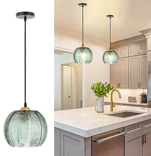 YQGOO Pendelleuchte Esstisch Hängelampe, Pendelleuchte Glas 3-flammig mit Grün Glas Lampenschirm Modern Design Kreative Hängeleuchte Höhenverstellbar Dekoration Pendellampe (2pack)