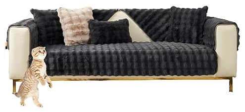 HYRAM Thick Rabbit Plush Sofa Cover Sofa Slipcover Corner, 3/2/1/4 Seater Universal Couch Cover,Universelle rutschfeste Couch Bezug L-Form Sofaschoner Katze, (45×45CM,Black)