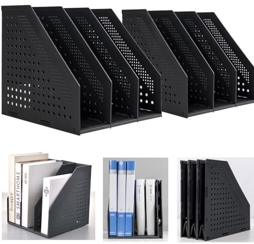 Marte Vanci Collapsible Magazine File Holder Desktop Book Organiser Lever Arch File Storage Folder Document Rack Divider Adjustable for Office School Desk Shelves 3 Compartment (Black 2 Pcs)