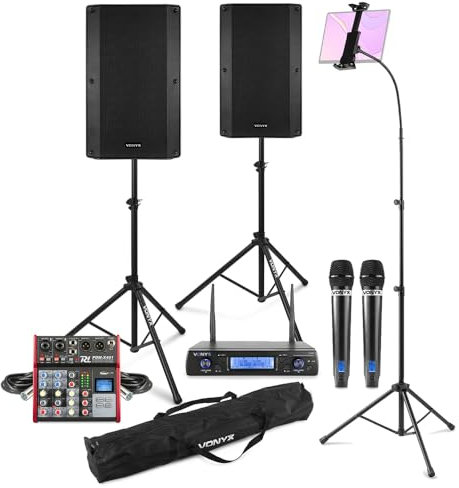 VONYX PD Combo1200 Professional Karaoke Setup with Machine, Screen for Lyrics, Wireless Mics, 12-Inch Subwoofer, Dual 6.5-Inch Speakers, 8-Channel Mixer Systems for DJ and Home Events