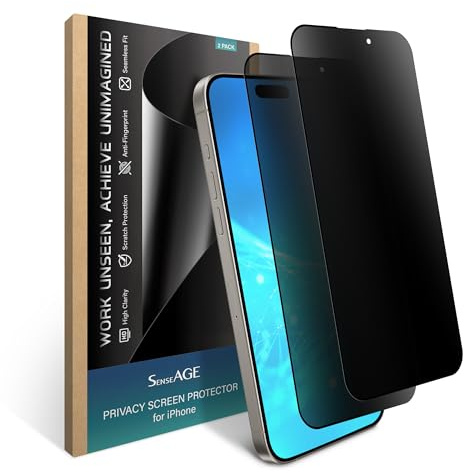 SenseAGE 2 Pack Blickschutzfilter für iPhone, Anti-Spionage Privates Aluminosilikatglas, Anti-Kratz, Volles Bildschirm-HD, iPhone 15 Pro Max, 6,7 Zoll