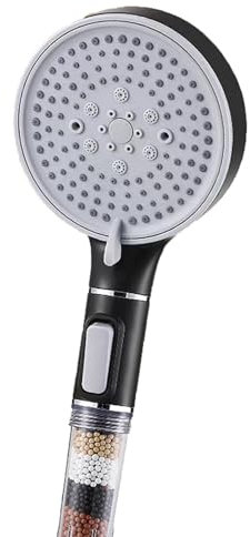 Wowteam Handbrause mit 5 Strahlarten Universal Wassersparender Duschkopf Runde Duschbrause (⌀ 120 mm) Hochdruck Sparduschkopf mit Öko Ionen Filter Mineralsteinen, Schwarz