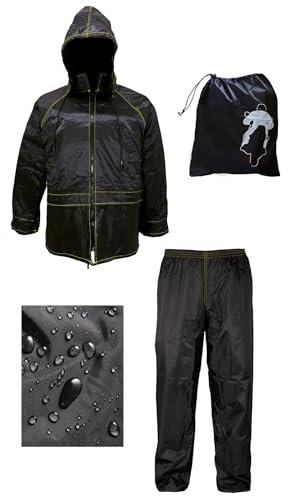 Rebeca Shop Motorradanzug, wasserdicht, winddicht, mit Tasche, schwarz, komplett mit Jacke und Hose – versenkbare Kapuze | Herren Damen | Roller Fahrrad | Regenset, Schwarz , 4XL