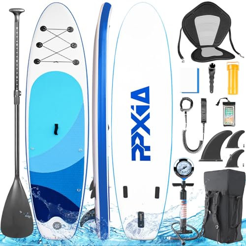 Stand Up Paddling Board mit Sitz, Aufblasbare SUP Board, Surfboard Tragkraft bis 200Kg, Komplettes Paddleboard Zubehör für Anfänger Erwachsene Kinder (Blau P, 320 x 82 x 15 cm)