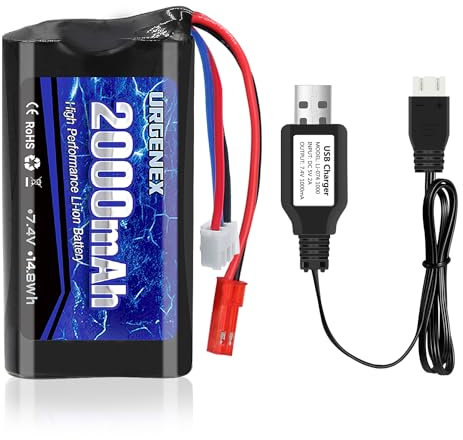 URGENEX 2S RC Battery 2000mAh 7.4 V Li-ion Battery with JST Plug 2S Rechargeable RC Battery with USB Charger Fit for RC Helicopter Car Truck and RC Boats