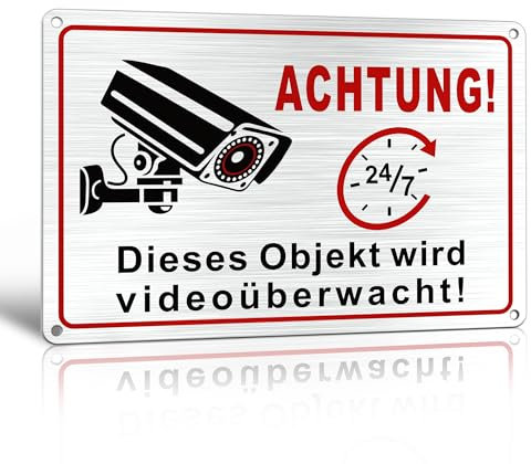 TAKULA 30 * 20cm Achtung Videoüberwachung Schild,Gebürstetes Aluminium Schild Videoüberwachung,Hinweisschild Videoüberwachung(Pack of 1)