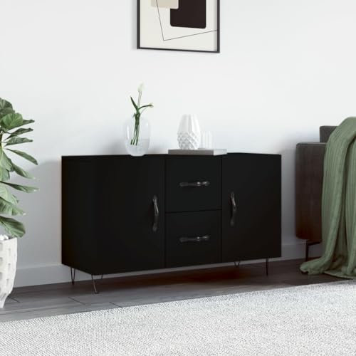 Homvdxl Breites Sideboard, moderner Aufbewahrungsschrank, mit 2 Türen und 2 Schubladen, 100 x 36 x 60 cm, Akzentschrank, Vitrine, Beistellschrank für Wohnzimmer, minimalistisch (Schwarz)