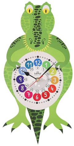 MPM Quality Kinder-Pendeluhr, Krokodil, Wanduhr Holz, Made in EU, Design, Kinder Holz Wanduhr, Wood Wand-Deko, Kinder Tier Motiv, 200 x 550 x 35 mm, Dekoration für Kinderzimmer, Schule, Kindergarten
