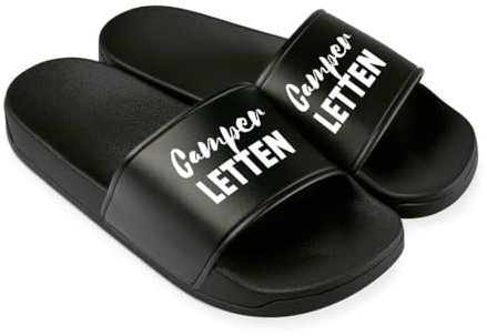 Camper Letten Badelatschen für Herren & Damen - Lustige Hausschuhe, Schlappen - Badeschuhe, Badeschlappen lustig Camping Geschenk (Schwarz-Schwarz, EU Schuhgrößensystem, Erwachsene, Numerisch, M, 44)