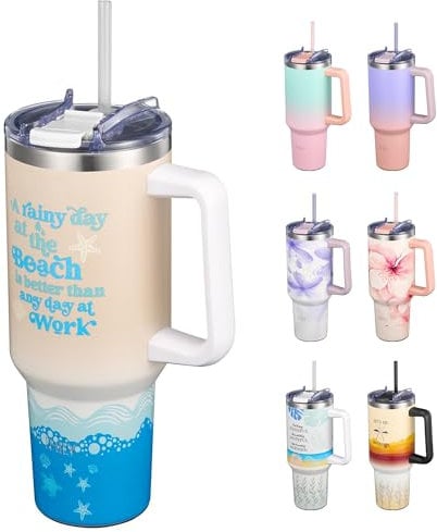 THILY 40 oz Vacuum Insulated Tumbler with Handle - Stainless Steel Coffee Travel Mug with Lid and Straws, Cupholder Friendly, Splash-Proof, Keep Drinks Cold for 34 Hours or Hot for 12 Hours, Beach